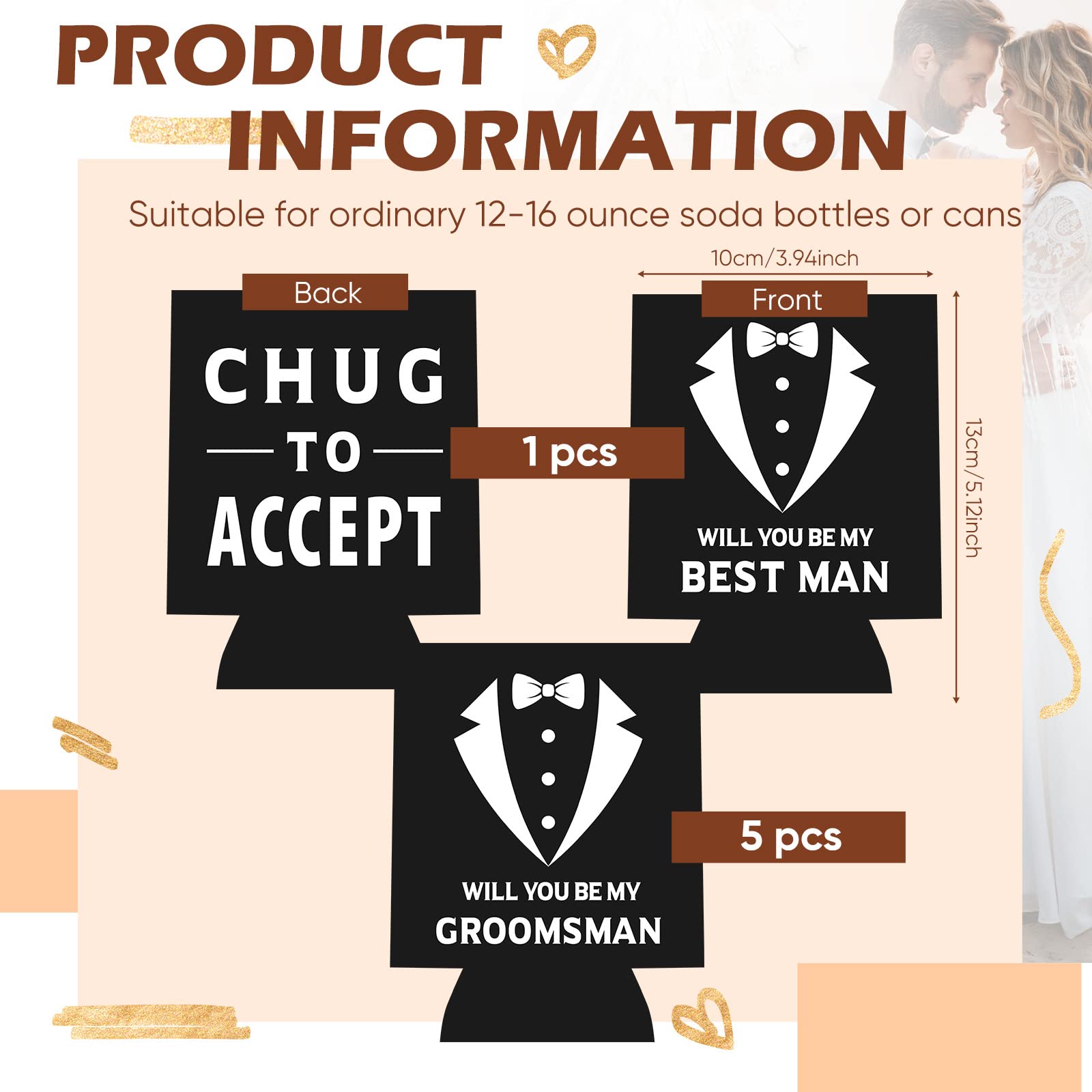 Sacubee 6 Pack Groomsmen Best Man Proposal Can Coolers Bachelor Gifts Groomsmen Gifts Funny Novelty Neoprene Hugger Can Sleeve Favors for Bachelor Party for Wedding Party Beer Holder