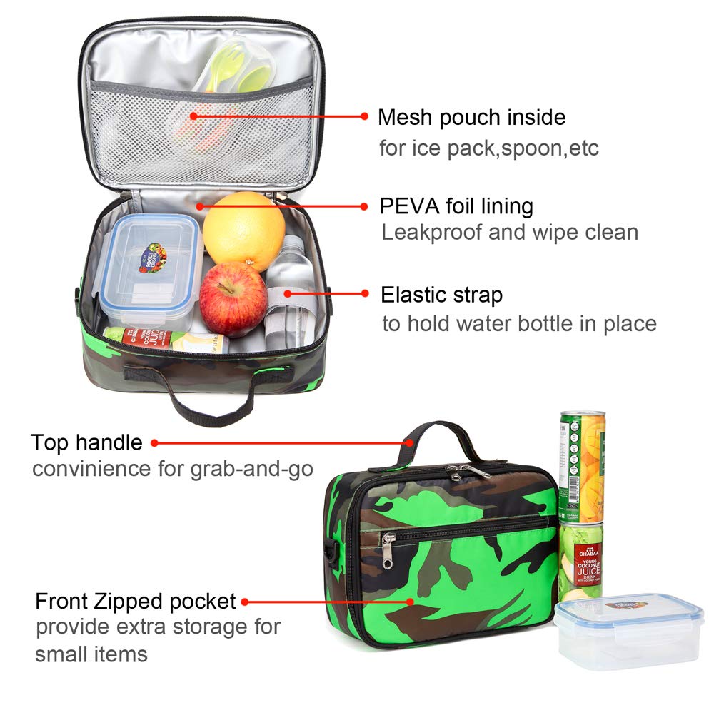 BLUEFAIRY Kids Insulated Lunch Box for Boys Lunch Bag Lunch Box Carrier for Boys for Elementary School Kindergarten (Camo Green)