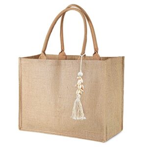 beegreen beach bag for women jute gift tote bag w inner zipper pocket & cotton handles large burlaptote bag w white tassel & shells accessories for vacation bridemaid shopping bag for diy decorating
