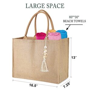 BeeGreen Beach Bag for Women Jute Gift Tote Bag w Inner Zipper Pocket & Cotton Handles Large BurlapTote Bag w White Tassel & Shells Accessories for Vacation Bridemaid Shopping Bag for DIY Decorating