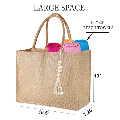 BeeGreen Beach Bag for Women Jute Gift Tote Bag w Inner Zipper Pocket & Cotton Handles Large BurlapTote Bag w White Tassel & Shells Accessories for Vacation Bridemaid Shopping Bag for DIY Decorating