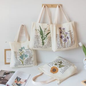 Floral Canvas Tote Bag Botanical Shopping Bag Aesthetic Flower Tote Bag Canvas Grocery Bag for Women Trendy Tote One Size