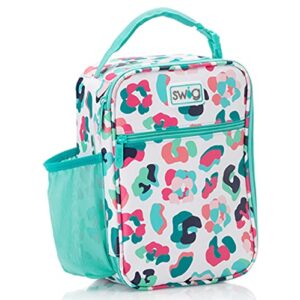 swig life boxxi lunch box, insulated lunch box for women with water bottle holder side pocket, adjustable meal divider, front zipper pocket, and top buckle handle in party animal print