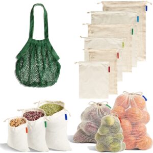 reusable produce bags + bulk food bags + string bag, 7-pack - assorted sizes, organic cotton materials (mesh, muslin, net), tare weight label, washable, drawstrings, zero waste shopping kit, green