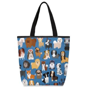 cute dog pattern canvas tote bag, eco friendly reusable grocery shopping bags beach bag book tote handbags washable shoulder bag with zipper inner pocket for women girls