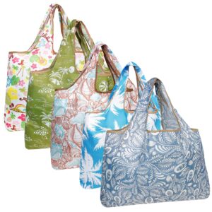 allydrew large foldable tote nylon reusable grocery bags, 5 pack, carefree paradise