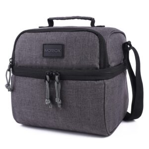 moriox boys lunch box dual compartment large lunch bag for men women double deckers insualted leakproof cooler with shoulder strap for work school picnic (grey)