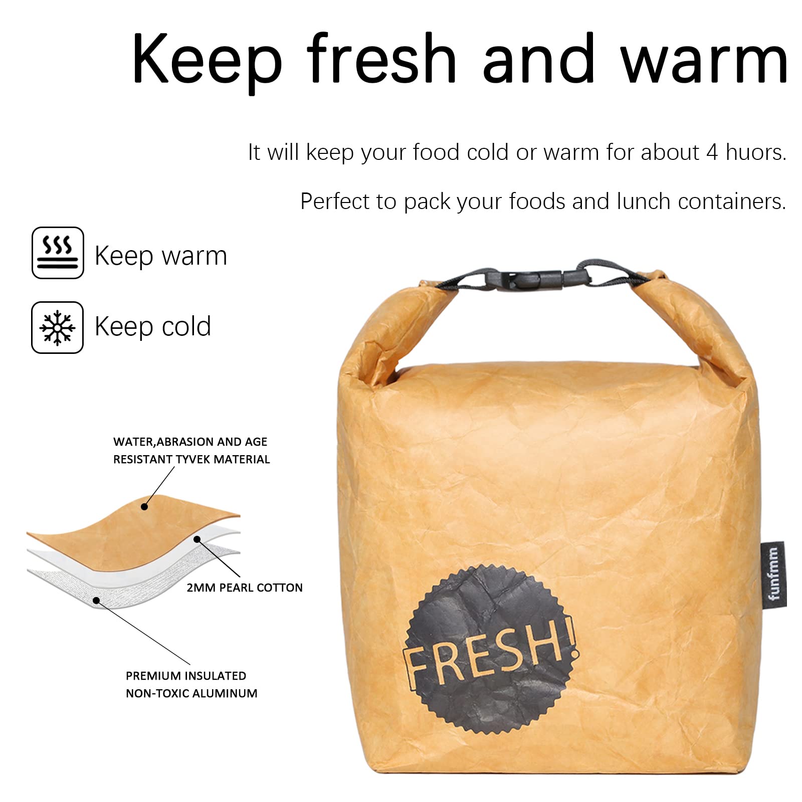 Funfmm Lunch Bag for Women/Men,Reusable Lunch Bag with Water-Resistant Tyvek Material,Insulated Lunch Bag,Lunch Box Containers,Bento Lunch Bag,Lunch Box for Women,Brown Bag