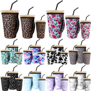 30 pcs reusable iced coffee sleeve for cold beverages cups reusable neoprene insulator cup sleeve with handle neoprene holder suitable for hot and cold coffee or ice drink fits 16-32oz cups
