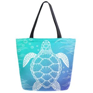 zzwwr chic underwater sea turtle seaweed print extra large canvas beach travel reusable grocery shopping tote bag portable storage handbag,turquoise