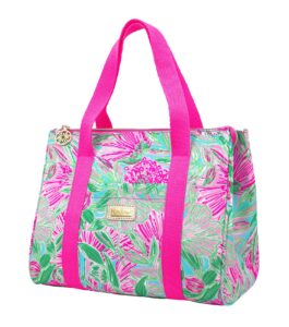 lilly pulitzer cute lunch bag for women, large capacity insulated tote bag, pink/green mini cooler with storage pocket and shoulder straps, coming in hot