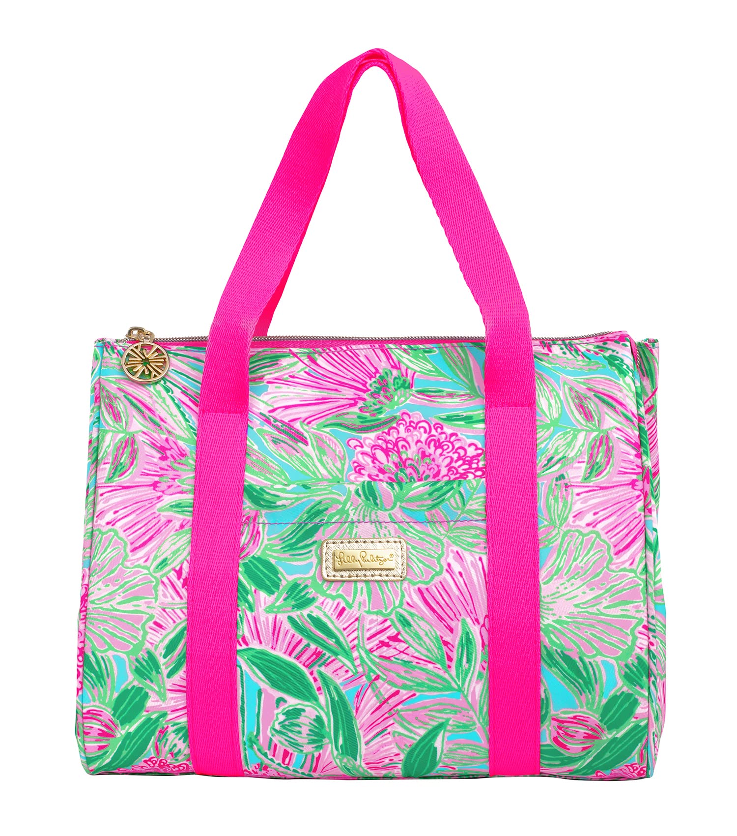 Lilly Pulitzer Cute Lunch Bag for Women, Large Capacity Insulated Tote Bag, Pink/Green Mini Cooler with Storage Pocket and Shoulder Straps, Coming in Hot