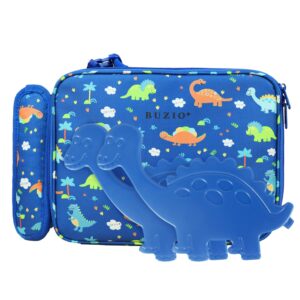 kids lunch box insulated with 2 reusable ice packs, large lunch bag soft, double insulated, durable, water-resistant fabric with zippered pockets and bottle holder, thermal meal tote kit, dinosaur