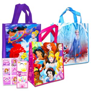 disney princess tote bag set for kids, adults - 4 pc large princess reusable grocery bags with disney sofia the first stickers (princess party supplies)
