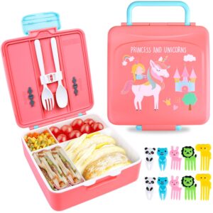 bento lunch box for kids, unicorn lunch box with 4 compartment bento,1300ml lunch container with sauce jar/ spoon/ fork, leak proof, microwave/ dishwasher safe, bpa-free and food-safe materials (pink)