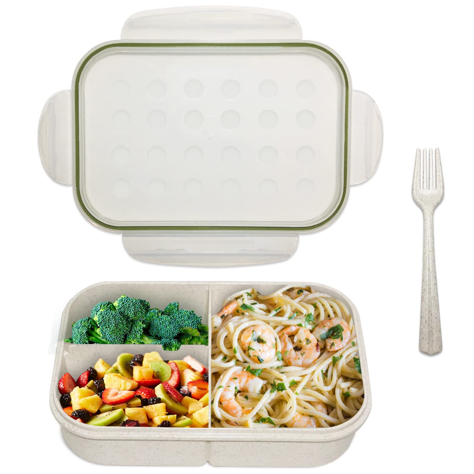 LAIDIAN Bento Box Kids Lunch Box 3 Compartment Bento Box for Adults with Fork Leak-Proof Durable Containers for On-the-Go Meal Food-Safe Materials (Green)