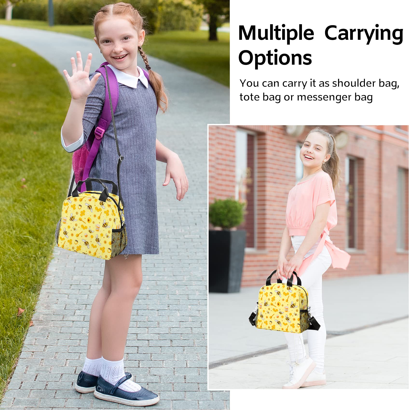 Lamtwbos Cute Yellow Bee Insulated Lunch Bag for Girls Lightweight Lunch Box with Adjustable Shoulder Strap Thermal Lunch Tote Bag Women for Work Picnic