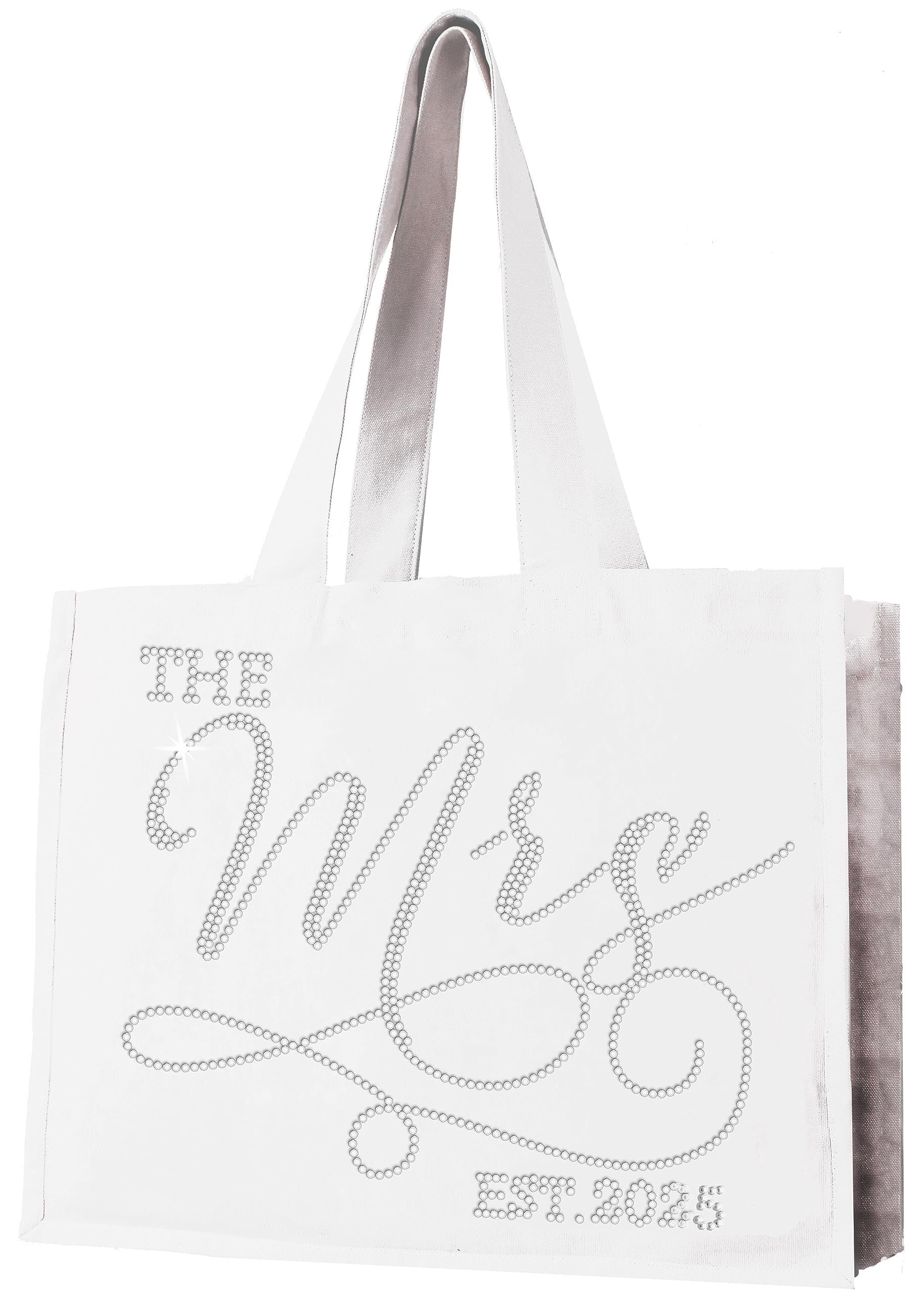 Gift Bag for Bride - Crystal Rhinestone The Mrs. Est. 2025 Rhinestone Modern Canvas Tote Bag - Bridal Shower Gifts - White Tote(Mod 2025 RS) Wht