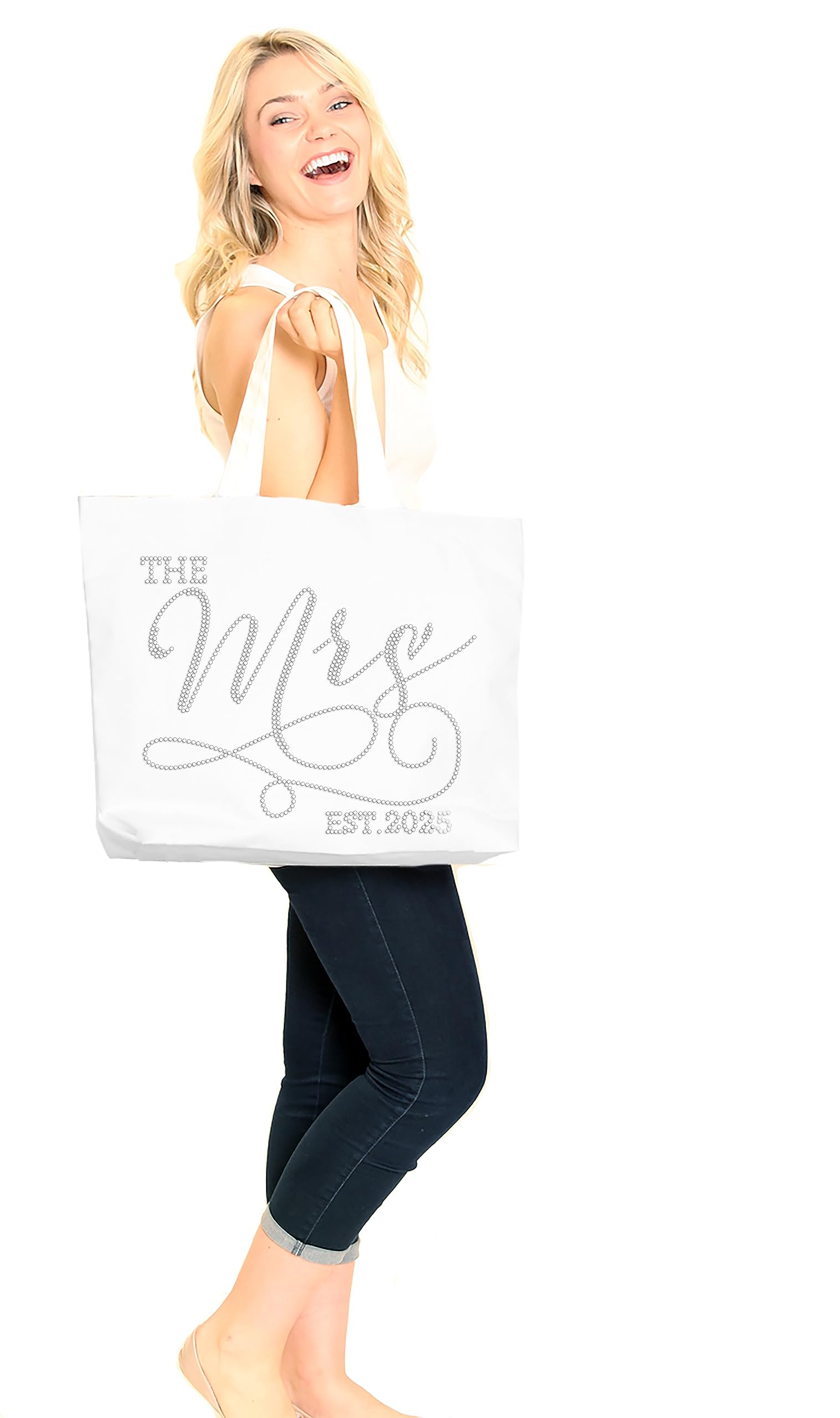 Gift Bag for Bride - Crystal Rhinestone The Mrs. Est. 2025 Rhinestone Modern Canvas Tote Bag - Bridal Shower Gifts - White Tote(Mod 2025 RS) Wht