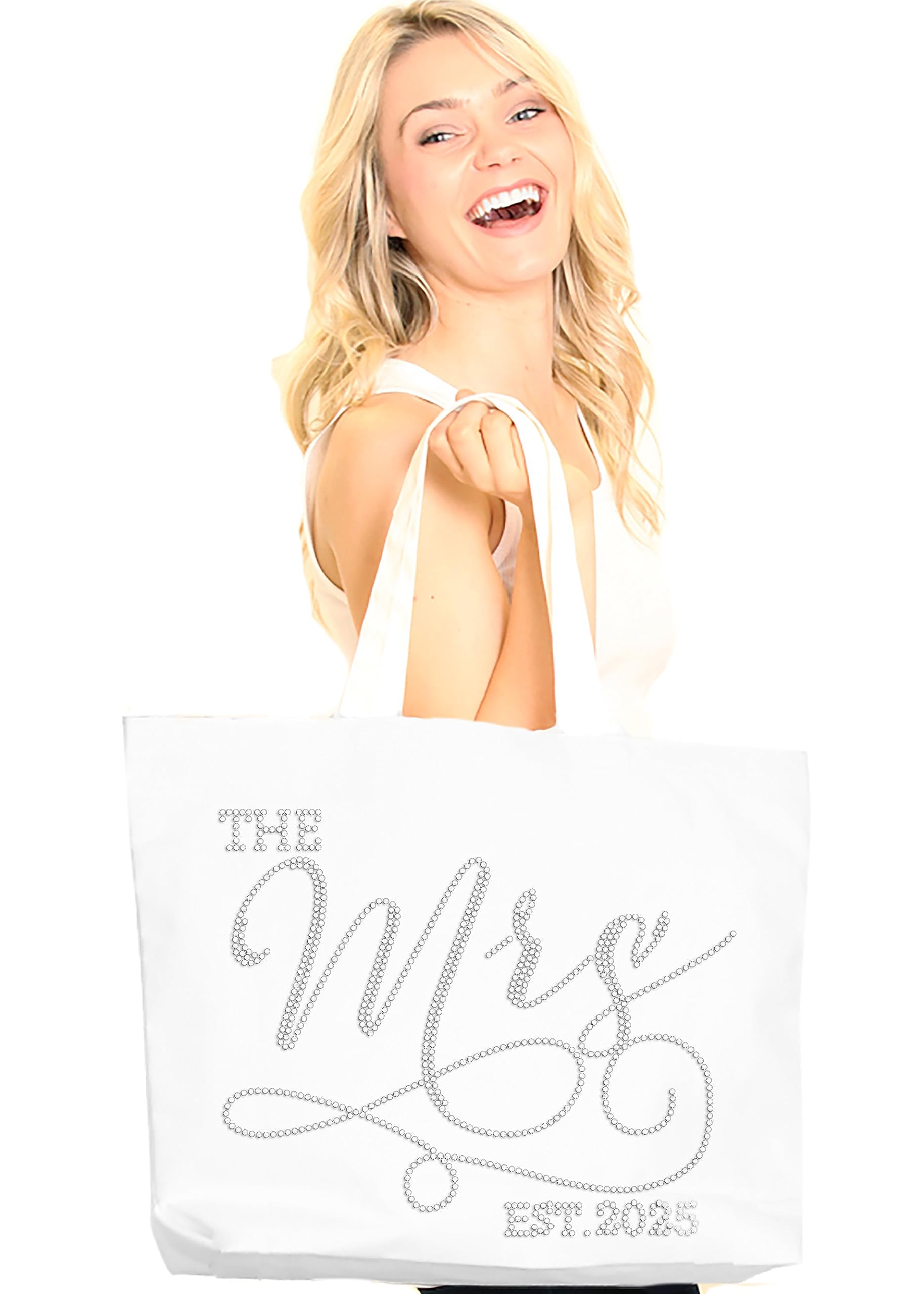 Gift Bag for Bride - Crystal Rhinestone The Mrs. Est. 2025 Rhinestone Modern Canvas Tote Bag - Bridal Shower Gifts - White Tote(Mod 2025 RS) Wht