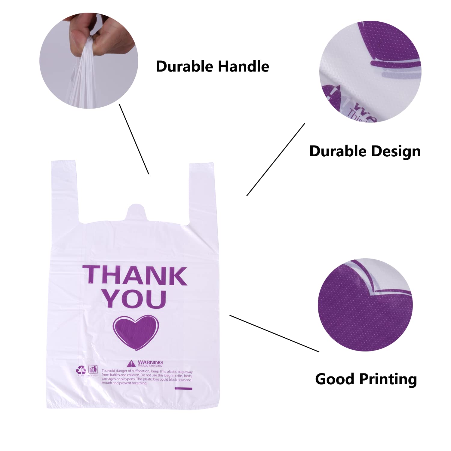 ysmile Thank You T Shirt Bag for Grocery Plastic Shopping Bag for Small Business Food To Go Bag with Handle 12x19 Inch 150 pcs - White