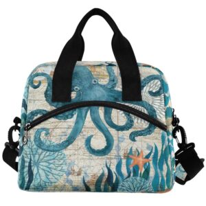 vintage nautical octopus lunch box ocean starfish seaweed lunch bag insulated freezable old map lunch tote kit thermal cooler for office picnic travel portable reusable handbag
