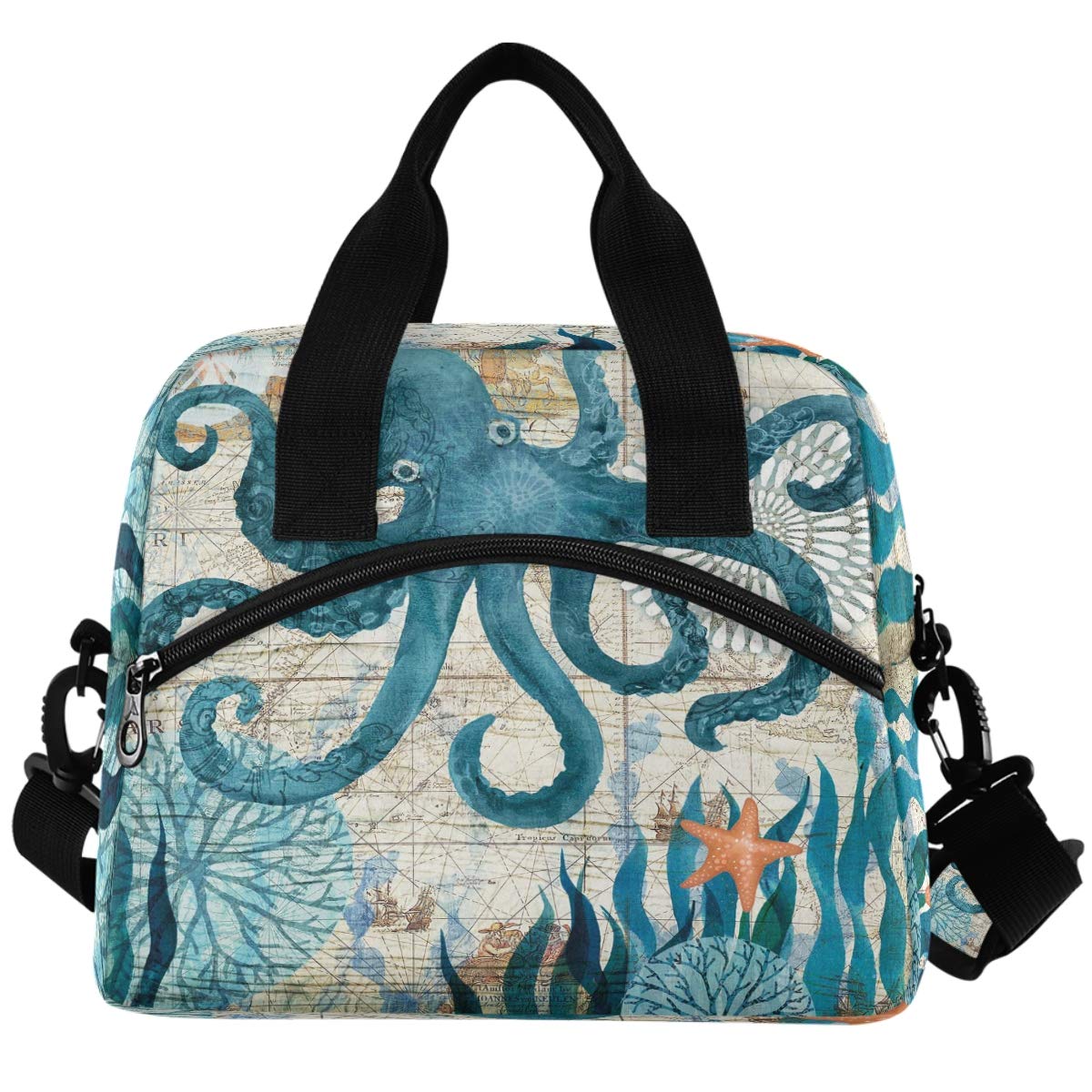 Vintage Nautical Octopus Lunch Box Ocean Starfish Seaweed Lunch Bag Insulated Freezable Old Map Lunch Tote Kit Thermal Cooler for Office Picnic Travel Portable Reusable Handbag