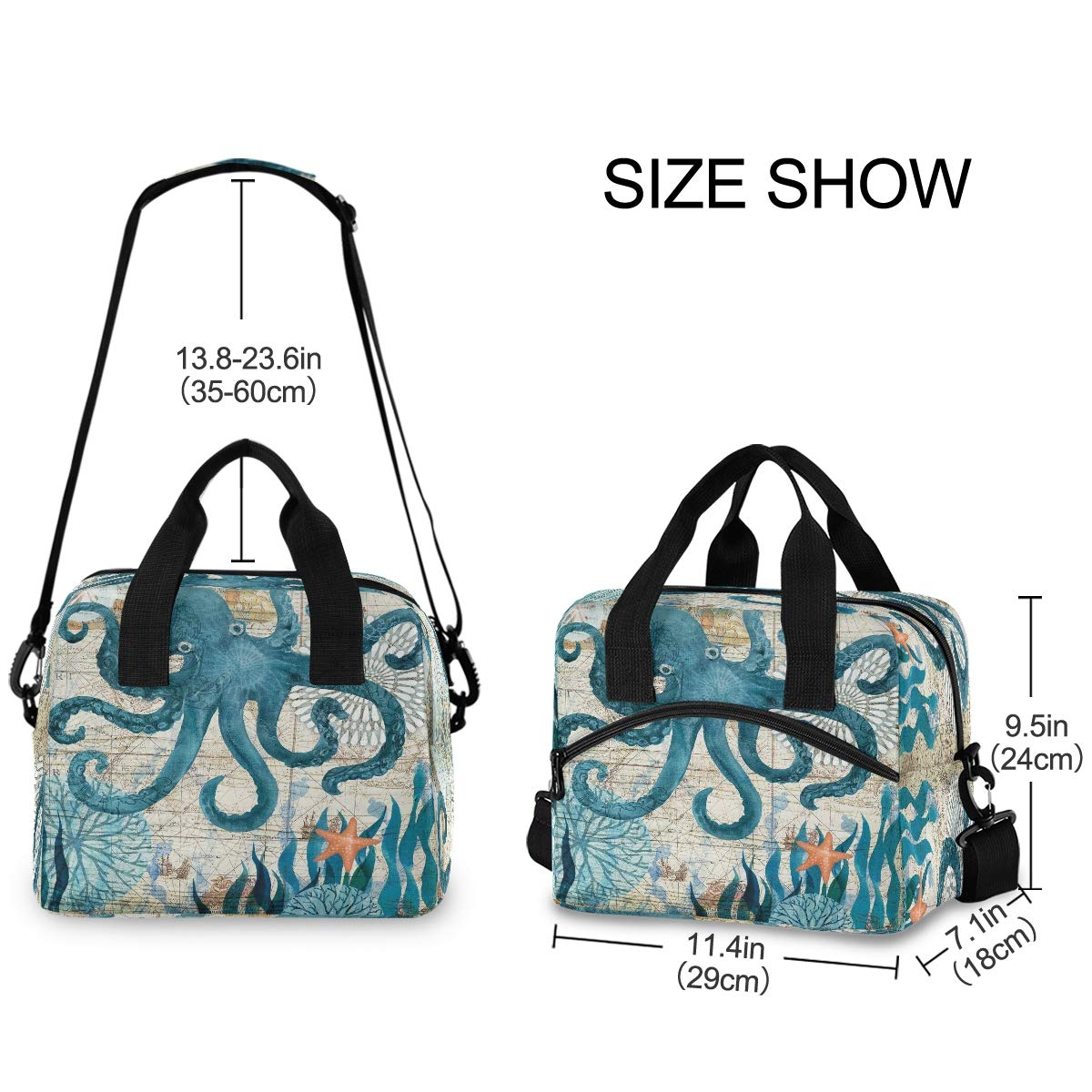 Vintage Nautical Octopus Lunch Box Ocean Starfish Seaweed Lunch Bag Insulated Freezable Old Map Lunch Tote Kit Thermal Cooler for Office Picnic Travel Portable Reusable Handbag