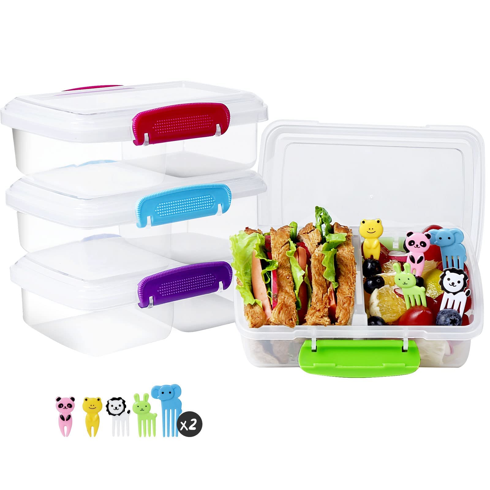 Greentainer 4 Pack Plastic Snack Containers for Kids Bento Boxs with 2 Compartments Travel Snack Container Sandwiches/Fruits/Candies Food Storage Containers BPA Free Dishwasher Safe