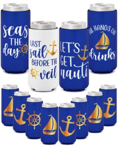 ciyvolyeen let’s get nauti beer can coolers, bachelorette party slim can sleeves beverage nautical sailor drink holder soda cover coolies weddings supplies last sail before the veil decorations 12pcs