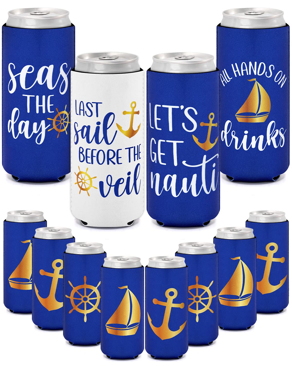 CiyvoLyeen Let’s Get Nauti Beer Can Coolers, Bachelorette Party Slim Can Sleeves Beverage Nautical Sailor Drink Holder Soda Cover Coolies Weddings Supplies Last Sail Before The Veil Decorations 12PCS