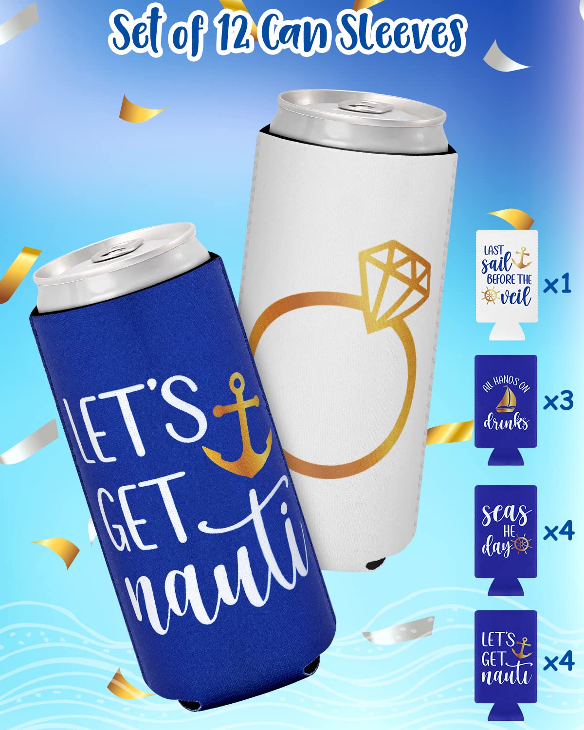 CiyvoLyeen Let’s Get Nauti Beer Can Coolers, Bachelorette Party Slim Can Sleeves Beverage Nautical Sailor Drink Holder Soda Cover Coolies Weddings Supplies Last Sail Before The Veil Decorations 12PCS