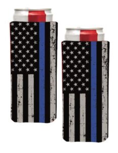 pkm - (2) back the blue thin blue line slim can cooler sleeve - beer blank skinny 12 oz neoprene coolie - perfect for 12oz red bull, michelob ultra,truly