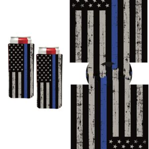 PKM - (2) Back the Blue Thin Blue Line Slim Can Cooler Sleeve - Beer Blank Skinny 12 oz Neoprene Coolie - Perfect For 12oz Red Bull, Michelob Ultra,Truly