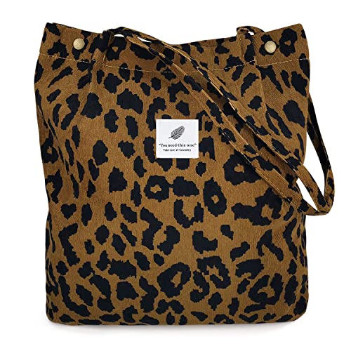 Corduroy Tote Bag for Women Girls Shoulder Bag with Inner Pocket For Work Beach Lunch Travel Shopping Grocery (Leopard Print, 1 Pcs)