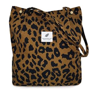 corduroy tote bag for women girls shoulder bag with inner pocket for work beach lunch travel shopping grocery (leopard print, 1 pcs)
