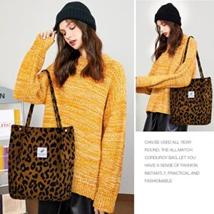 Corduroy Tote Bag for Women Girls Shoulder Bag with Inner Pocket For Work Beach Lunch Travel Shopping Grocery (Leopard Print, 1 Pcs)