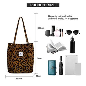 Corduroy Tote Bag for Women Girls Shoulder Bag with Inner Pocket For Work Beach Lunch Travel Shopping Grocery (Leopard Print, 1 Pcs)