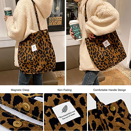 Corduroy Tote Bag for Women Girls Shoulder Bag with Inner Pocket For Work Beach Lunch Travel Shopping Grocery (Leopard Print, 1 Pcs)