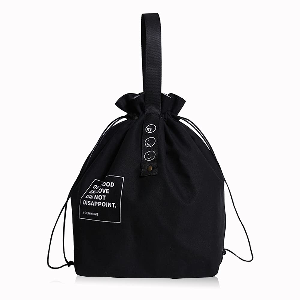 LELE LIFE Canvas Insulated Lunch Bag with Drawstring Closure, Wide-Open Foldable and Lightweight Lunch Tote Bag, Cooler Tote Bag for Work Office Picnic, Black