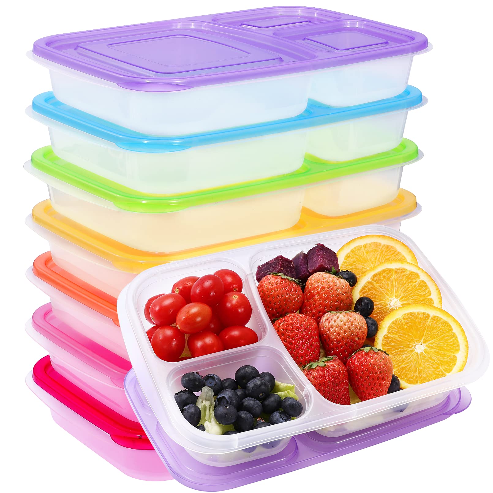 Kipeber 7 Pack Meal Prep Containers 3 Compartment,Reusable Bento Lunch Box,Plastic Divided Lunch Containers with Lids,Divided Food Storage Containers Microwave Freezer Dishwasher Safe for Work travel