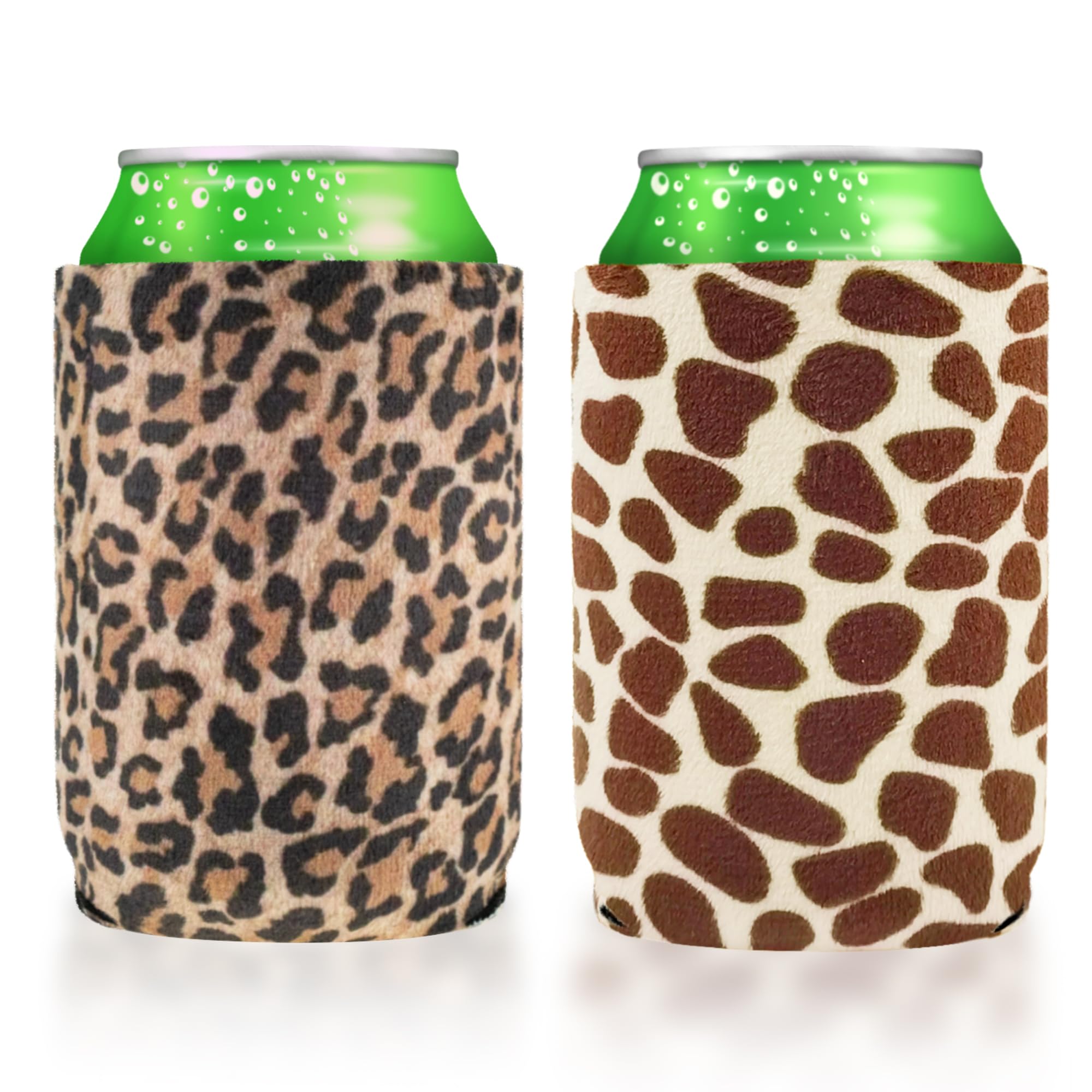 Casa-Eco Carol Velvet Neoprene Beer Soda Can Cooler Sleeves, Cold Beverages Bottle Insulated Cover for BBQ, Bachelor, Wedding Party, 2-Pack (Giraffe-Cheetah)