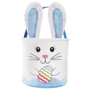 easter basket for kids, easter egg bag with bunny ears, easter canvas tote bag candy gift bag, easter bunny bucket easter egg hunt game party gift (blue)