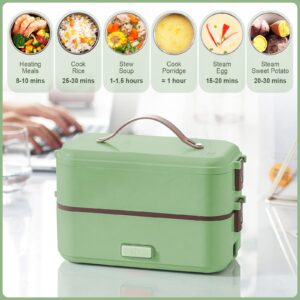 Electric Lunch Box Food Heater, 3 in 1 Portable Food Warmer for Office Home School,2 Layer Heated Lunch Box Leak Proof, Food Warmer with Removable 304 Stainless Steel Container 800ml (Green)