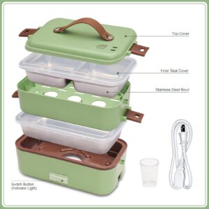 Electric Lunch Box Food Heater, 3 in 1 Portable Food Warmer for Office Home School,2 Layer Heated Lunch Box Leak Proof, Food Warmer with Removable 304 Stainless Steel Container 800ml (Green)