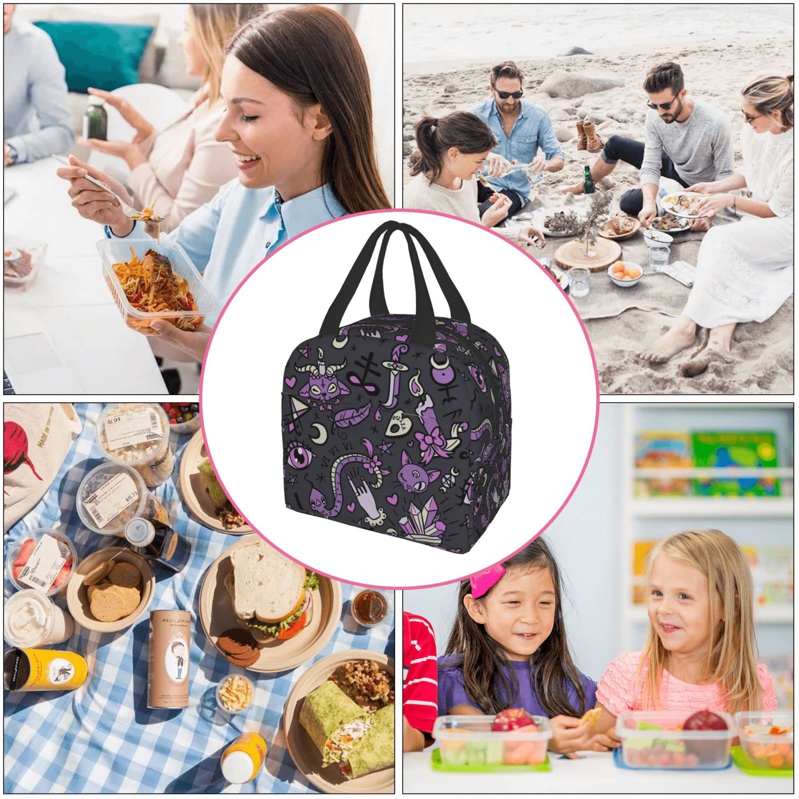 Funacola Magic Goth Spooky Gray Purple Black Lunch Box Reusable Lunch Bag Witch Insulated Meal Bags Food Container For Boys Girls Men Women Kids School Work Travel Picnic