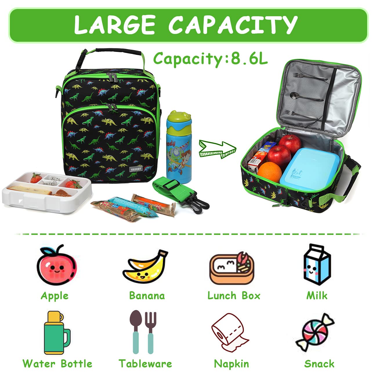 VASCHY Lunch Boxes Bag for Kids, Reusable Lunch Box Containers for Boys and Girls with Detachable Shoulder Strap, Insulated Lunch Coolers for School Cute Dinosaur