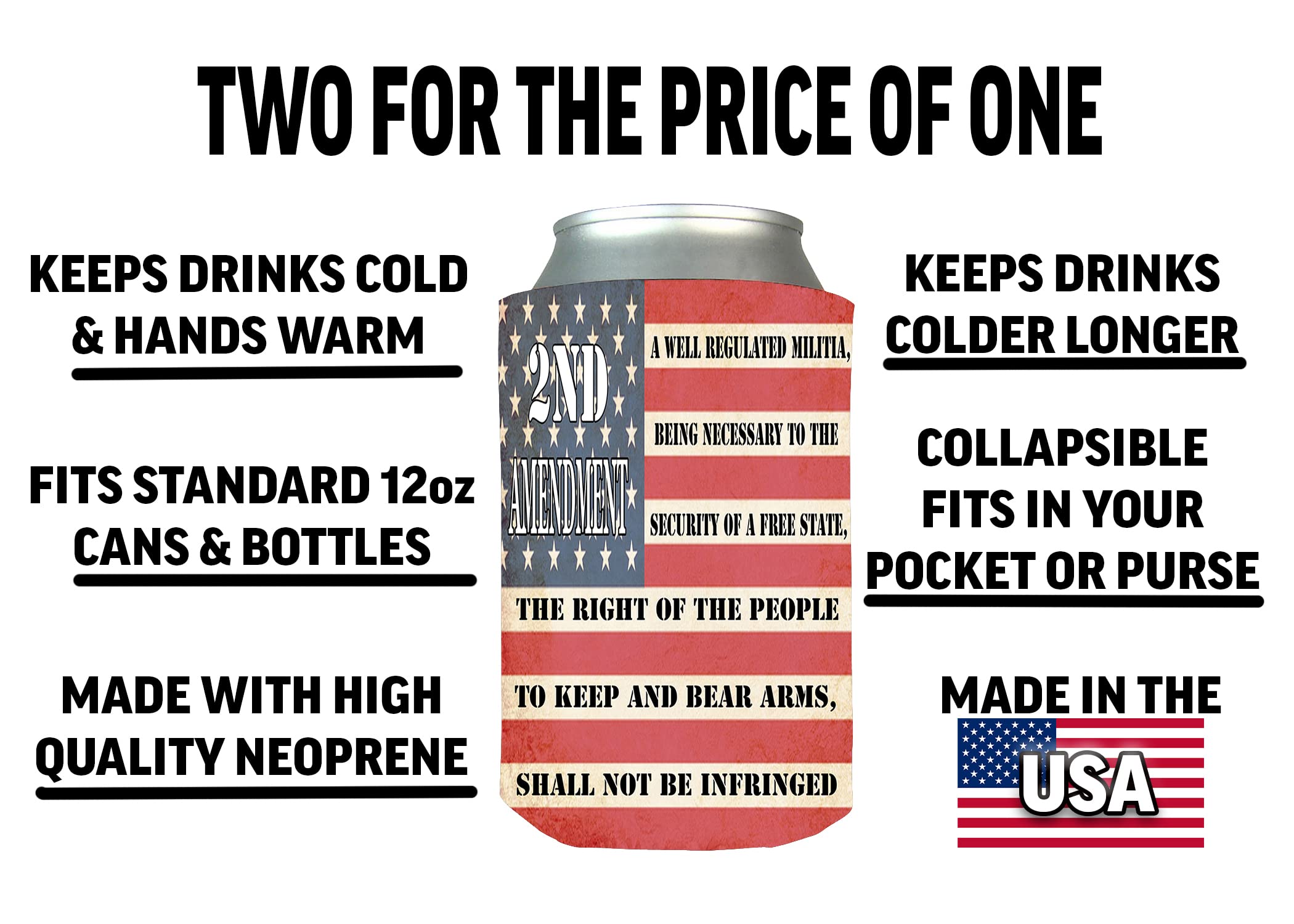 USA Flag Constitution 2nd Amendment Collapsible Beer Can Bottle Beverage Cooler Sleeves 2 Pack Gift Set