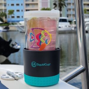 SquidCup Non-Tipping Portable Universal Cup, Can, and Bottle Holder for Boats, (Black/Teal 2 Pack) Includes Optional SquidDisk Mount for Textured Surfaces