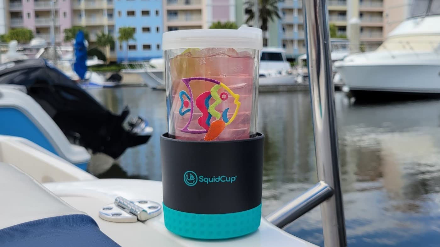 SquidCup Non-Tipping Portable Universal Cup, Can, and Bottle Holder for Boats, (Black/Teal 2 Pack) Includes Optional SquidDisk Mount for Textured Surfaces